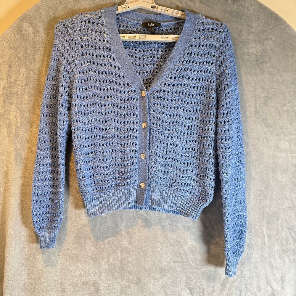 Lulu’s Blue Crochet Knit Cardigan Button Front Lightweight Sweater Medium